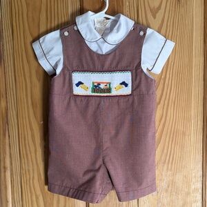 Sir John Boy’s Gingham Jon Jon with Smocked Tool Box ~ 12M
